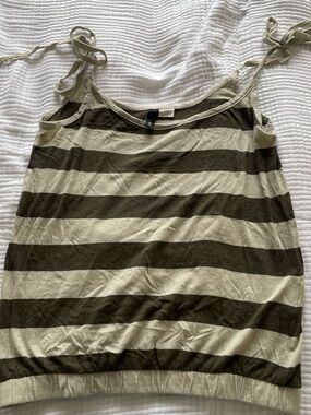 H&M Olive Green and Cream Striped Tie-Shoulder Tank Top
